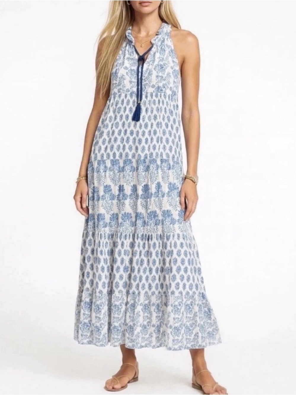 NWOT Calypso 100% cotton blue white greece italy floral tiered maxi dress sz XS